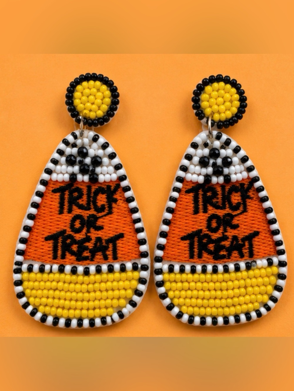 Handmade 'Trick or Treat' Halloween Beaded Drop Earrings - Yellow, Orange, Black